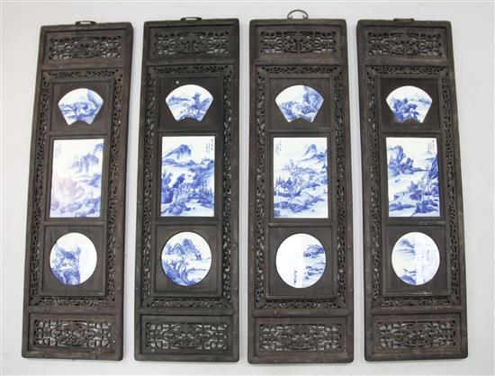 A set of four Chinese blue and white porcelain mounted wood panels, 121.5 x 38cm
